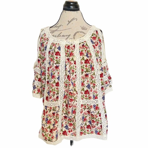 Blue Tassel Anthropologie Maylou Open Shoulder Blouse Floral Crochet Size Medium - Picture 3 of 16